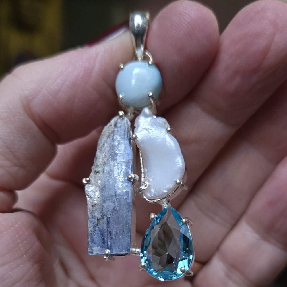 Larimar kyanite pearl & Topaz sterling silver pendant - Picture 4 of 7